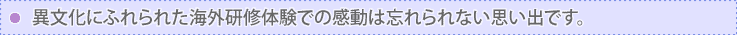 異文化にふれられた海外研修体験での感動は忘れられない思い出です。